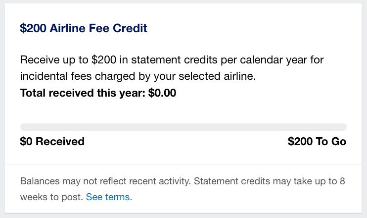amex airline credit tracker showing $0 of $200 received