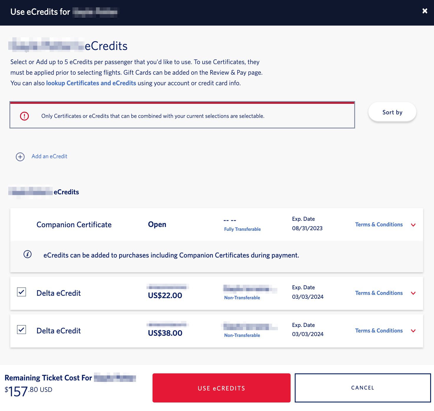 list of delta ecredits selected to use on delta's website
