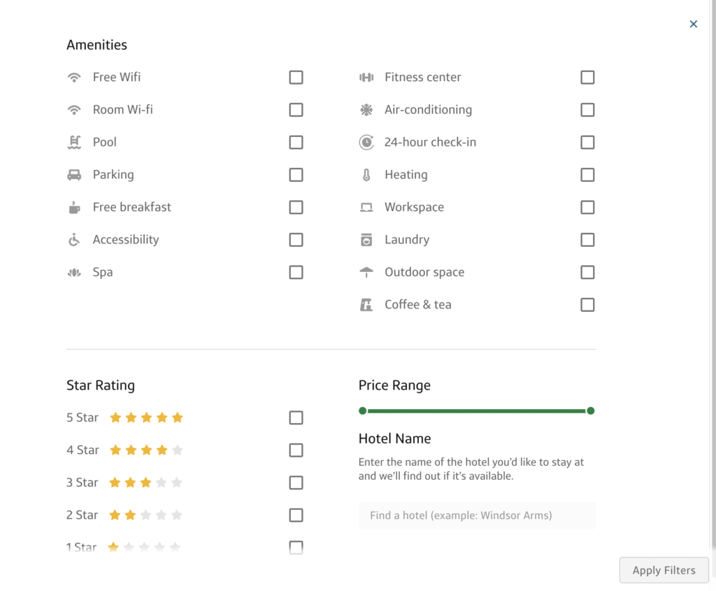 capital one travel hotel filters