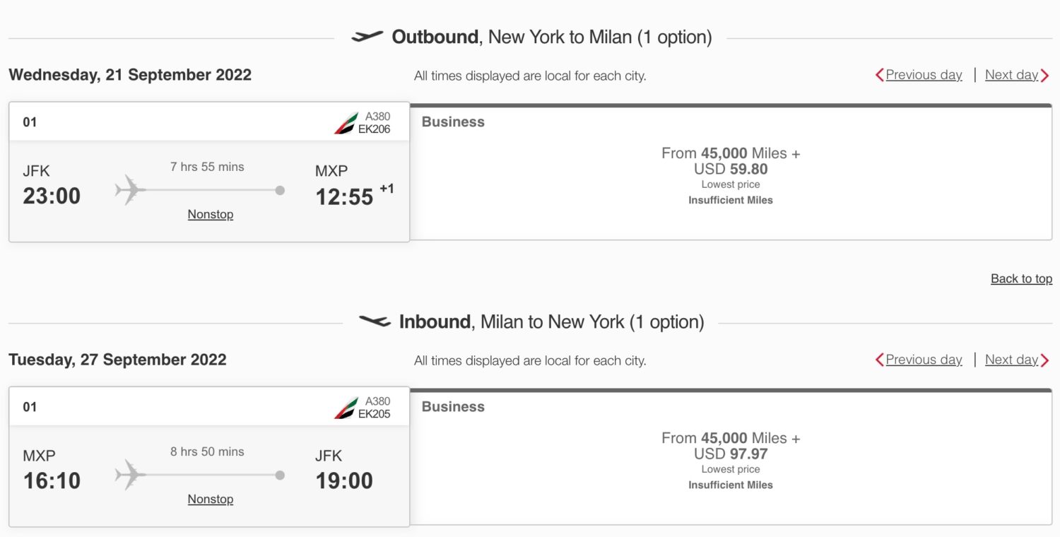 emirates business class redemption