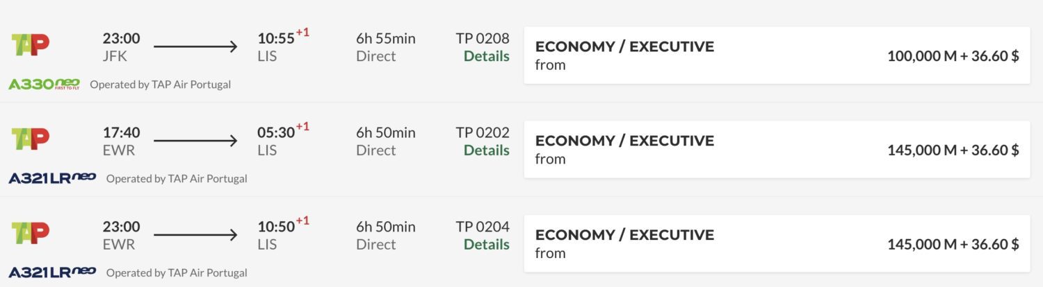 TAP Air Portugal business class award search