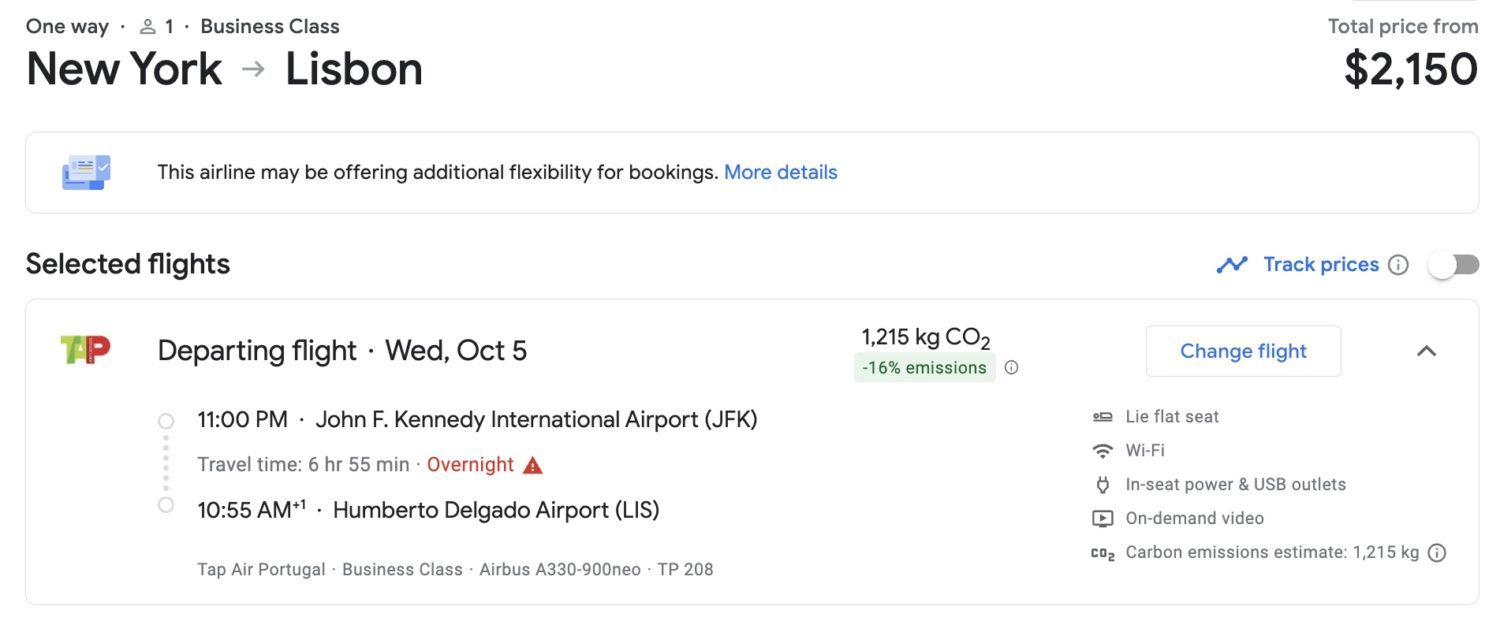 TAP Business Class fare on Google Flights