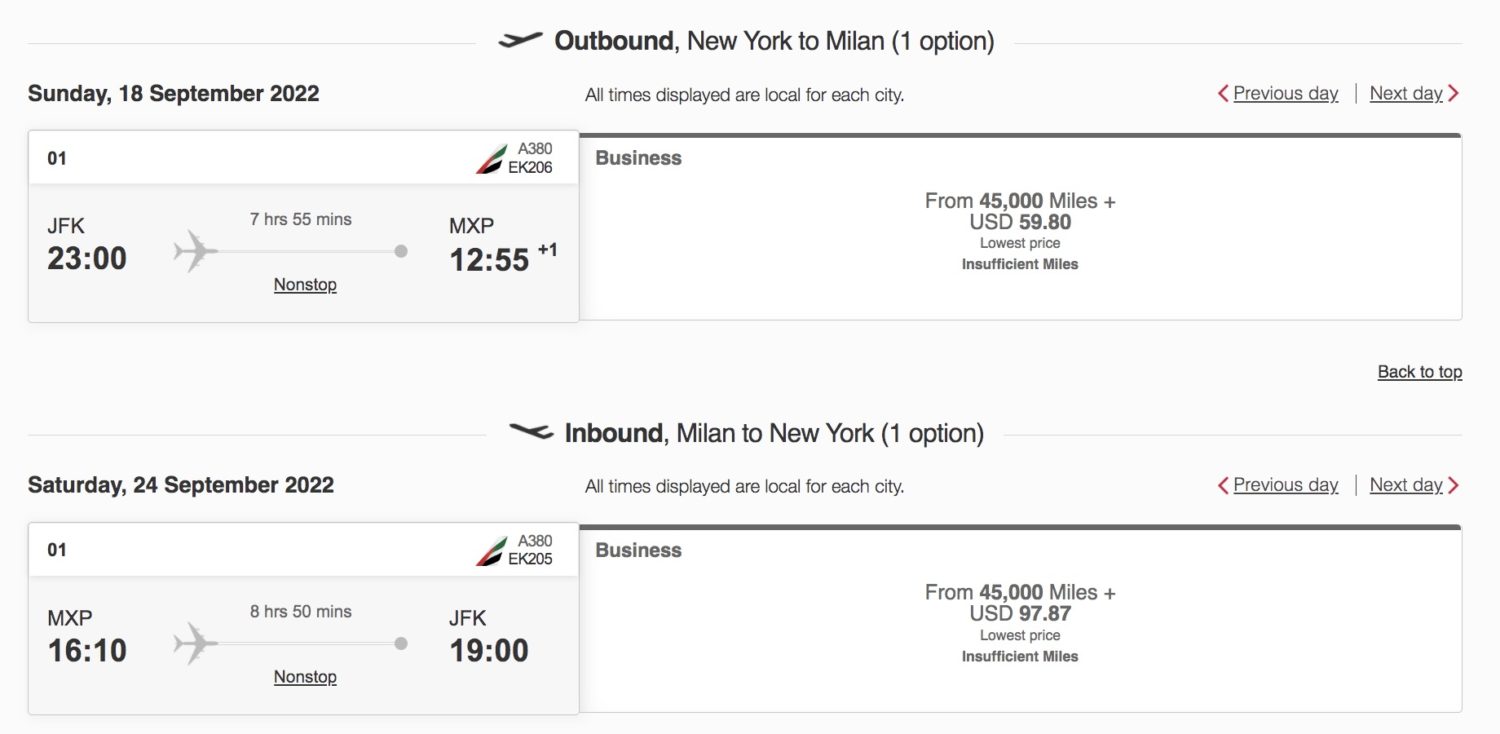 emirates business class rt