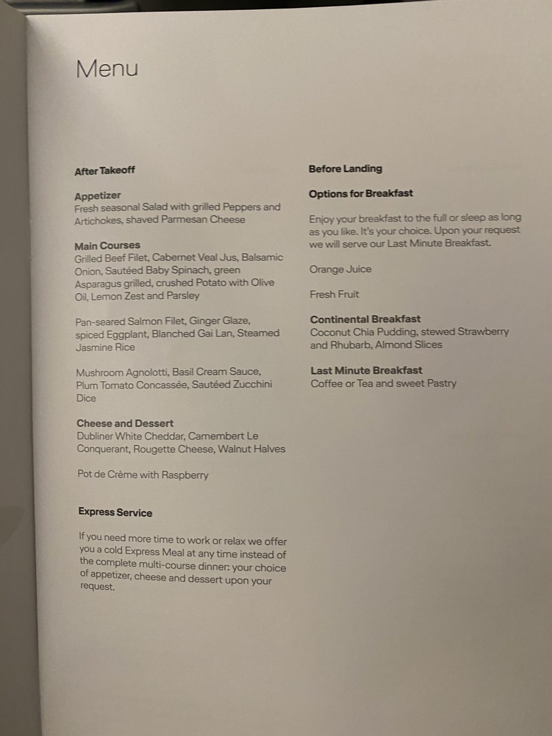 Lufthansa business class menu