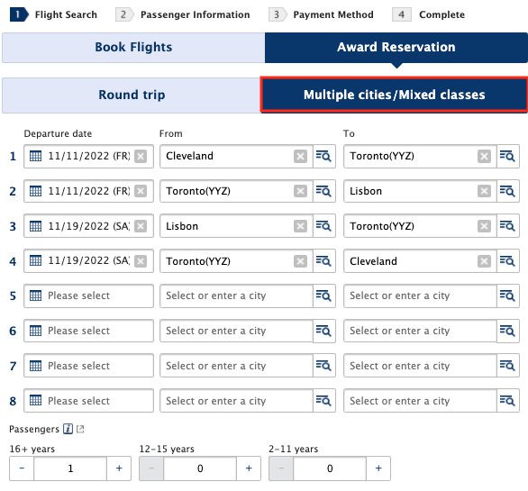 ANA mixed cabin award search tool