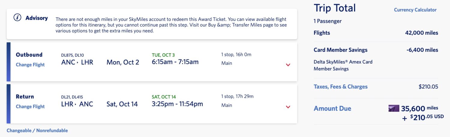 anchorage to london skymiles deal