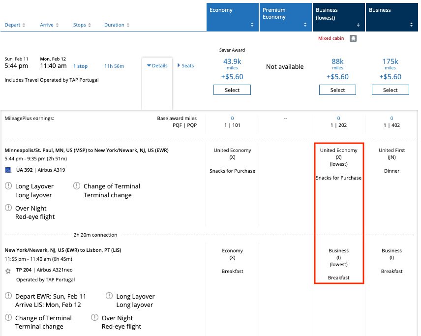united award search mixed cabin fare class
