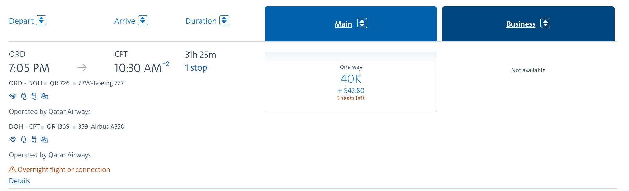 chicago to doha to cape town using aadvantage miles