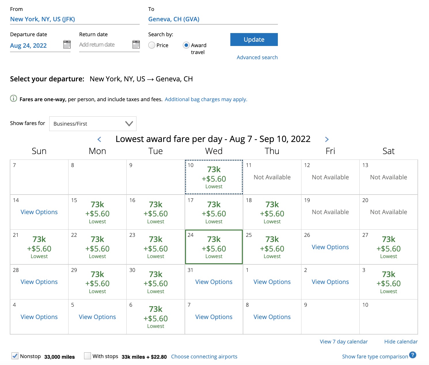 jfk to geneva availability