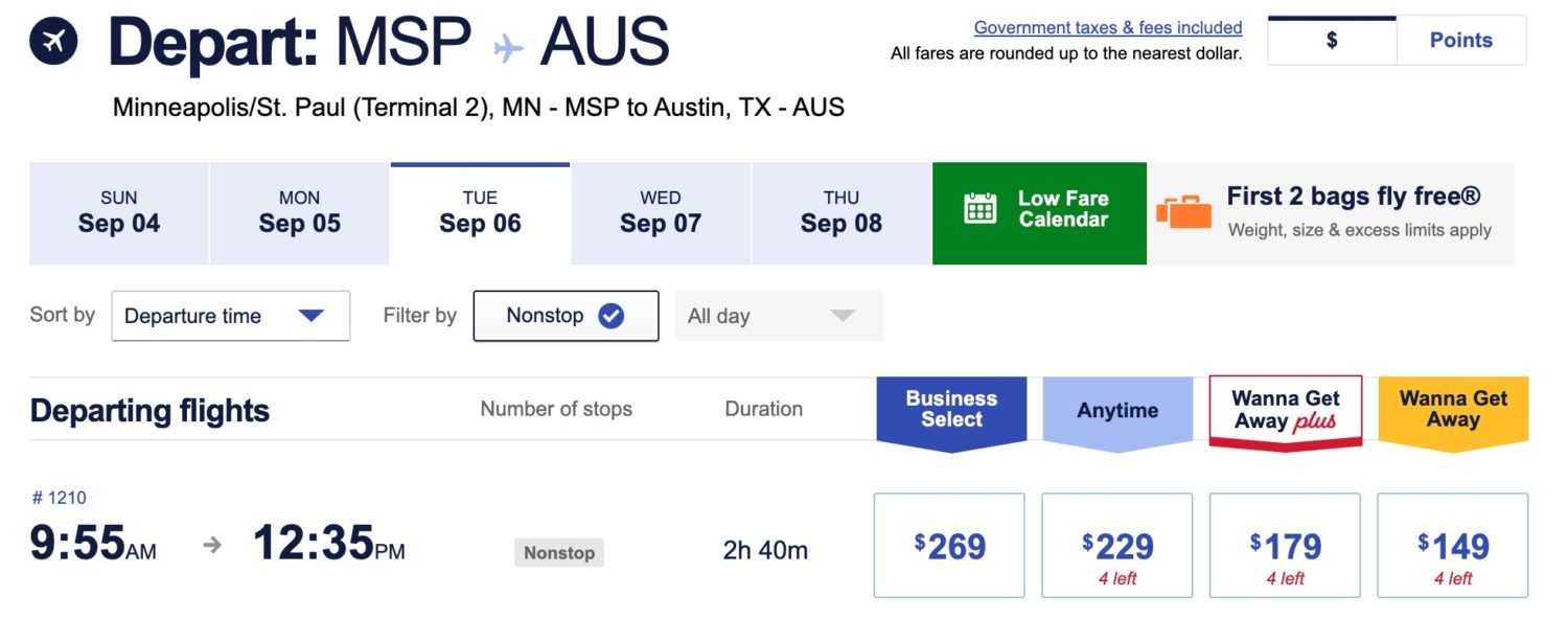 msp to austin southwest