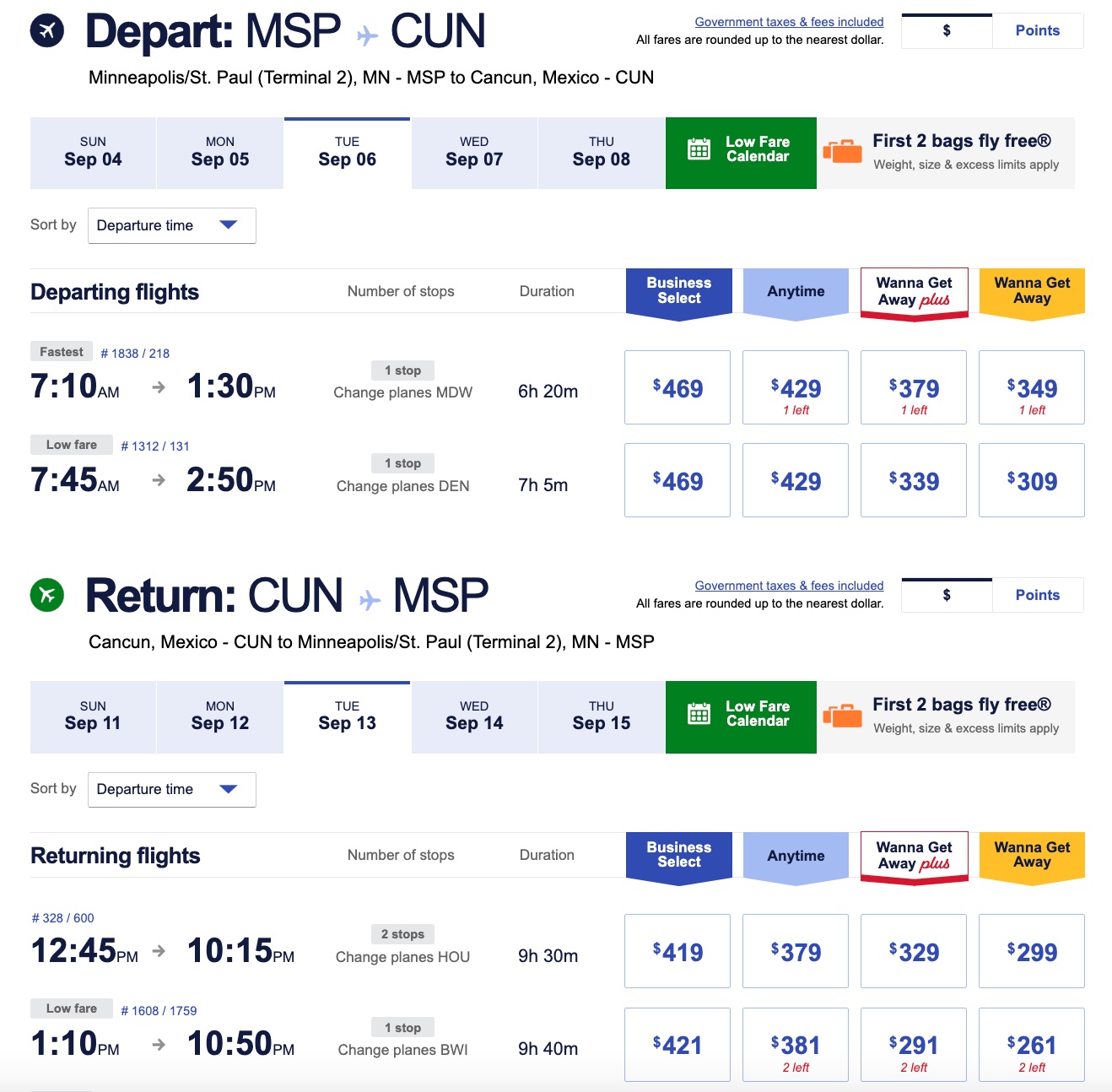msp to cun southwest wanna get away plus