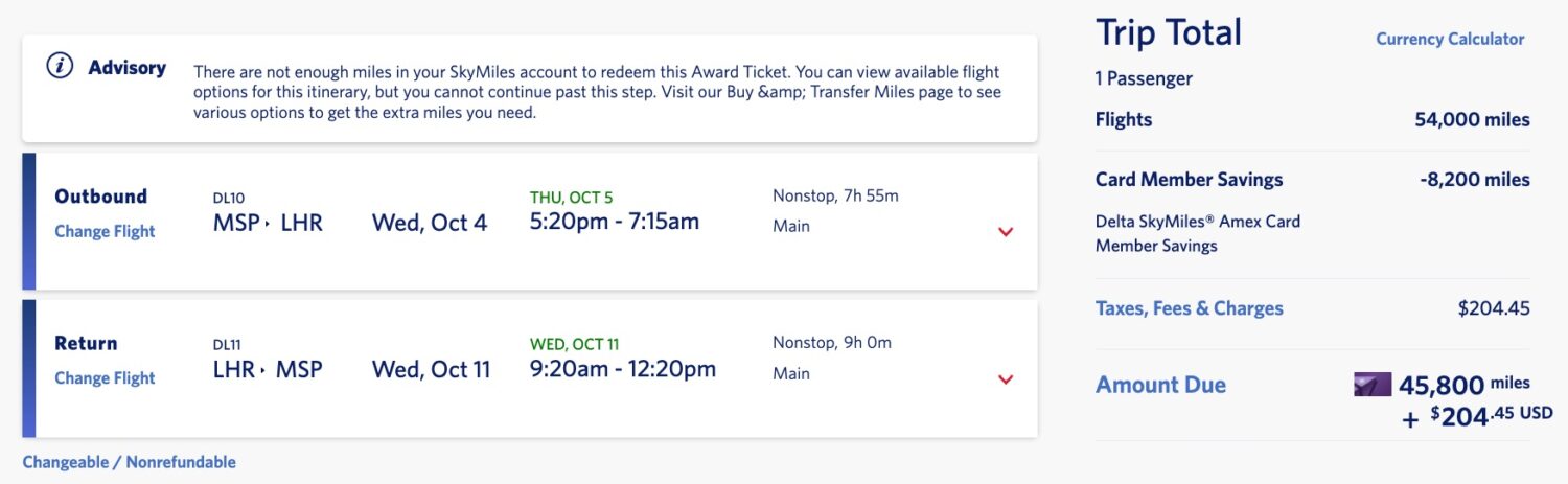 msp to london skymiles