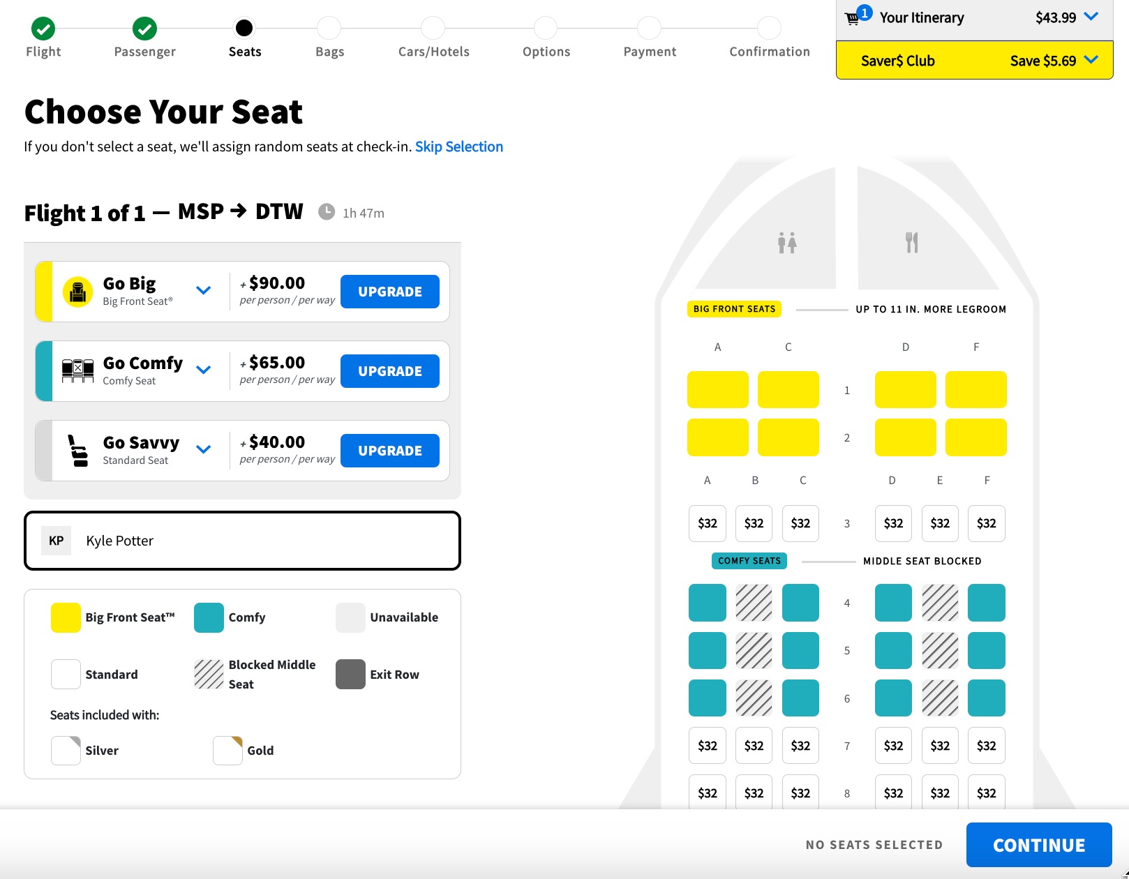 spirit airlines seatmap showing prices for each type of seat