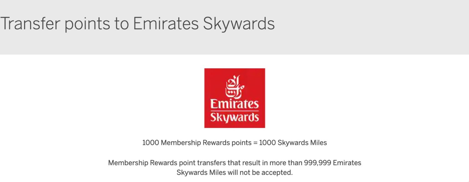A landing page shows the Emirates Skywards logo and the fact that 1000 Membership Rewards equals 1000 SkyWards miles. 