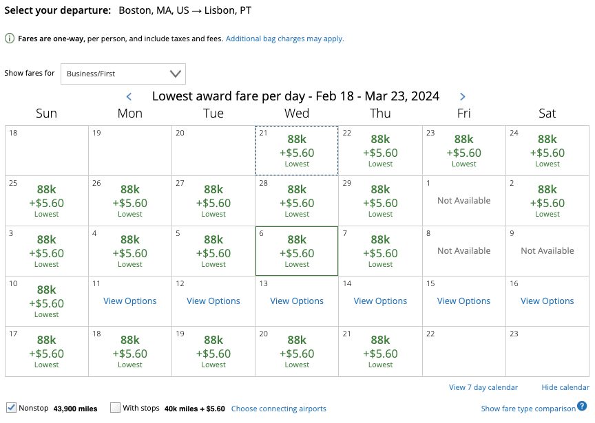united award search month view