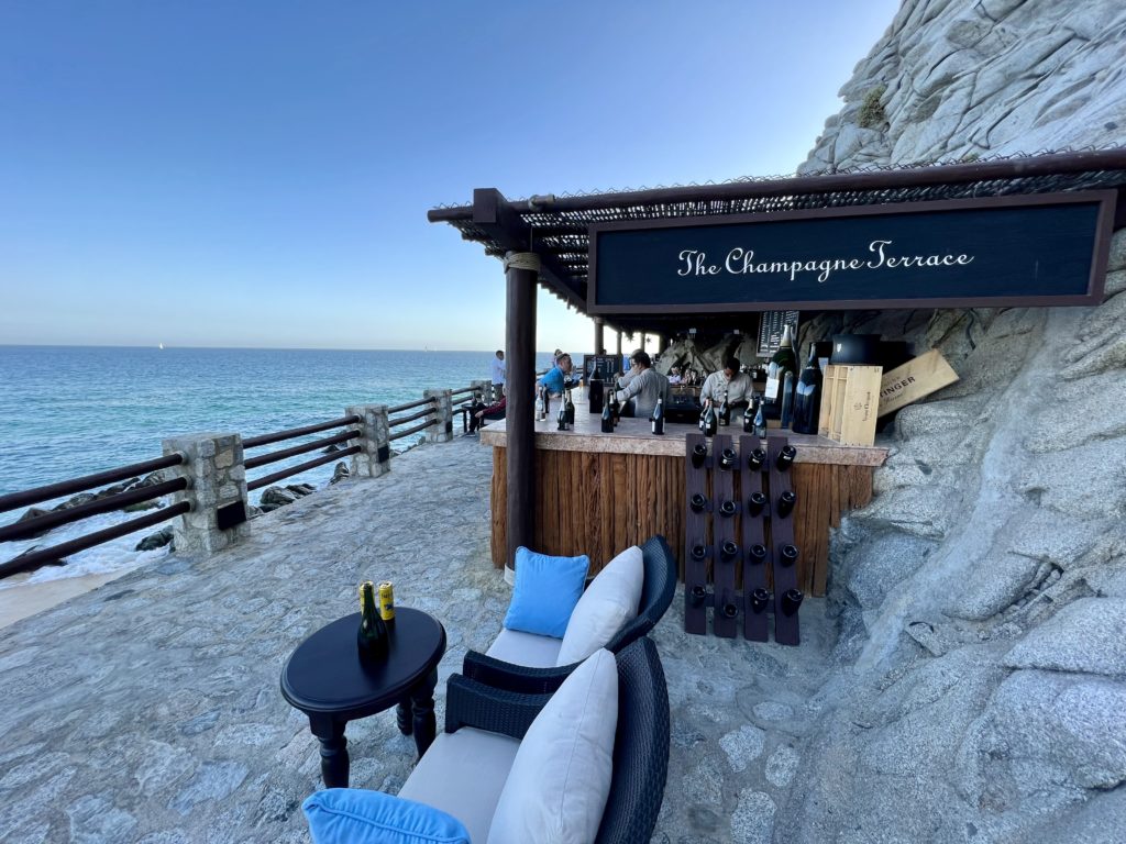 a small booth with a sign reading the champagne terrace
