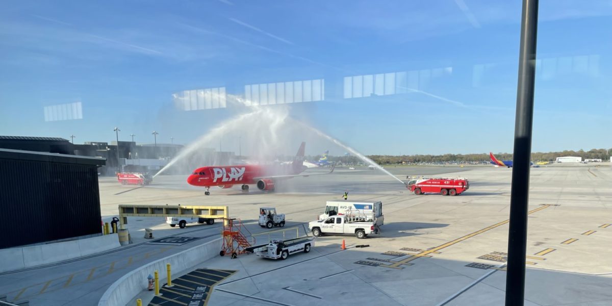PLAY airlines plane getting a water cannon salute at the airport