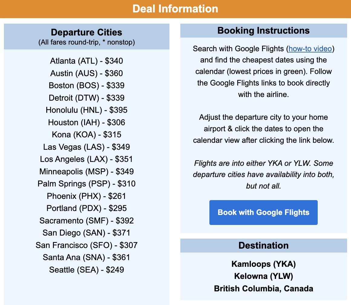 Kamloops and Kelowna flight deal information