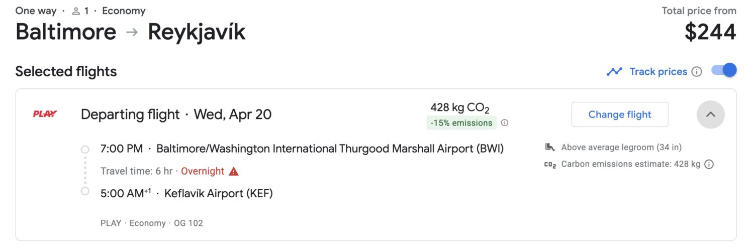 flight prices on google flights from baltimore to iceland