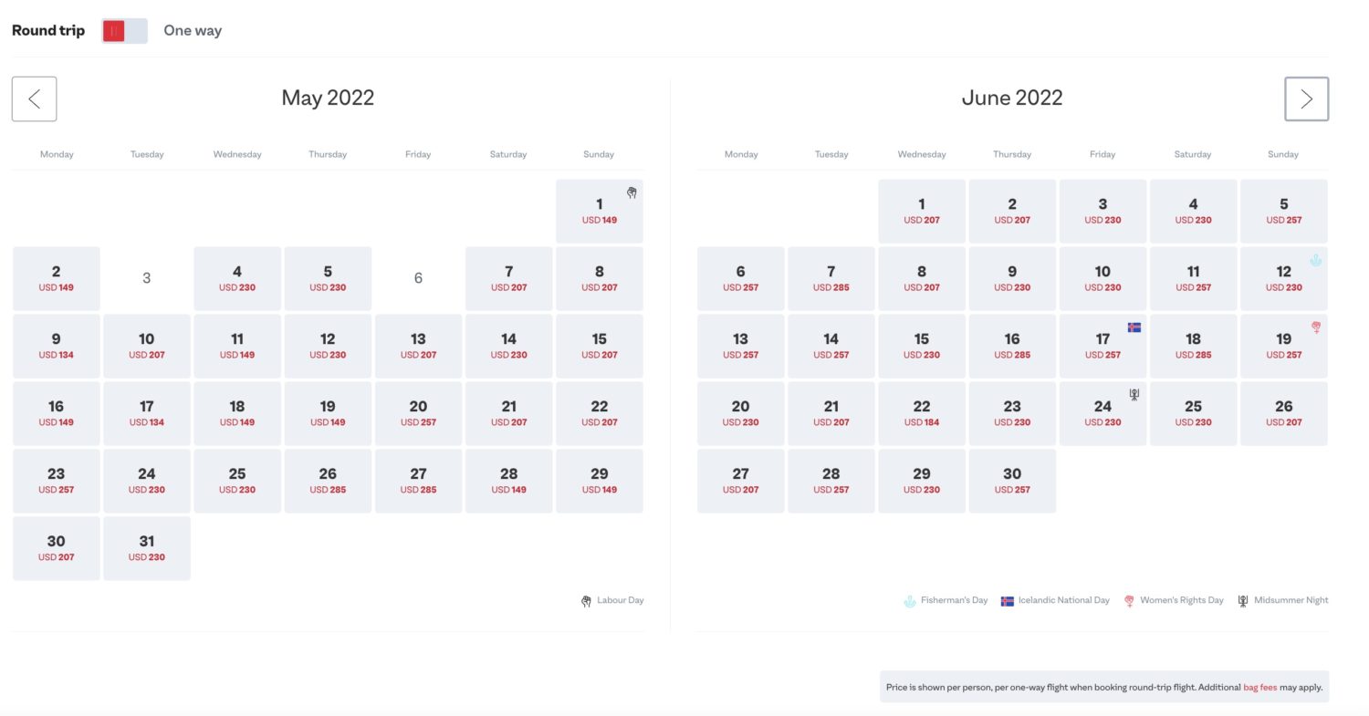 calendar of airfare by day with prices