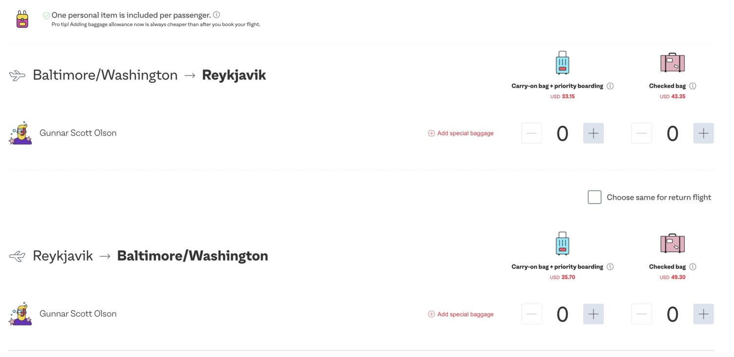 Baggage fees on the PLAY Airlines website