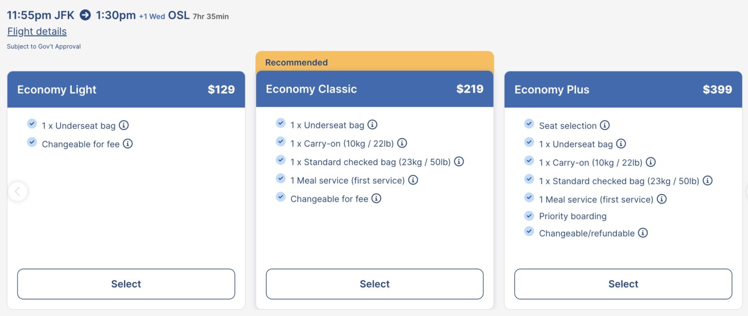 Norse Atlantic fare structure