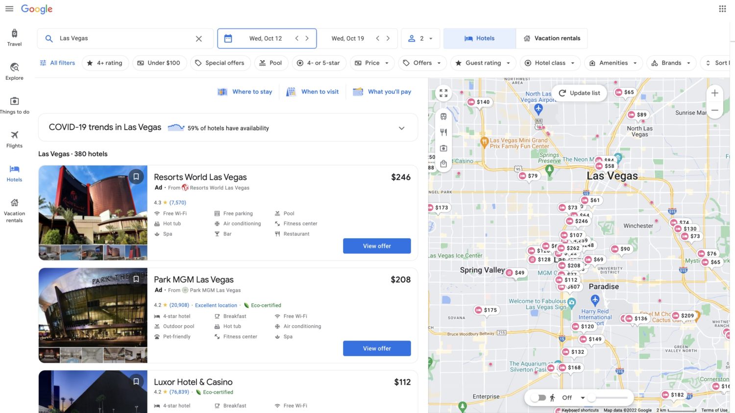 Google Hotels search for las vegas hotels with a list of hotels on the left and a map of available hotel locations on the right. 
