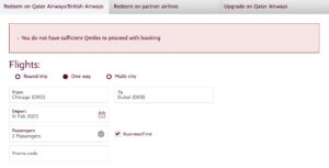 book with qatar avios error for insufficient miles