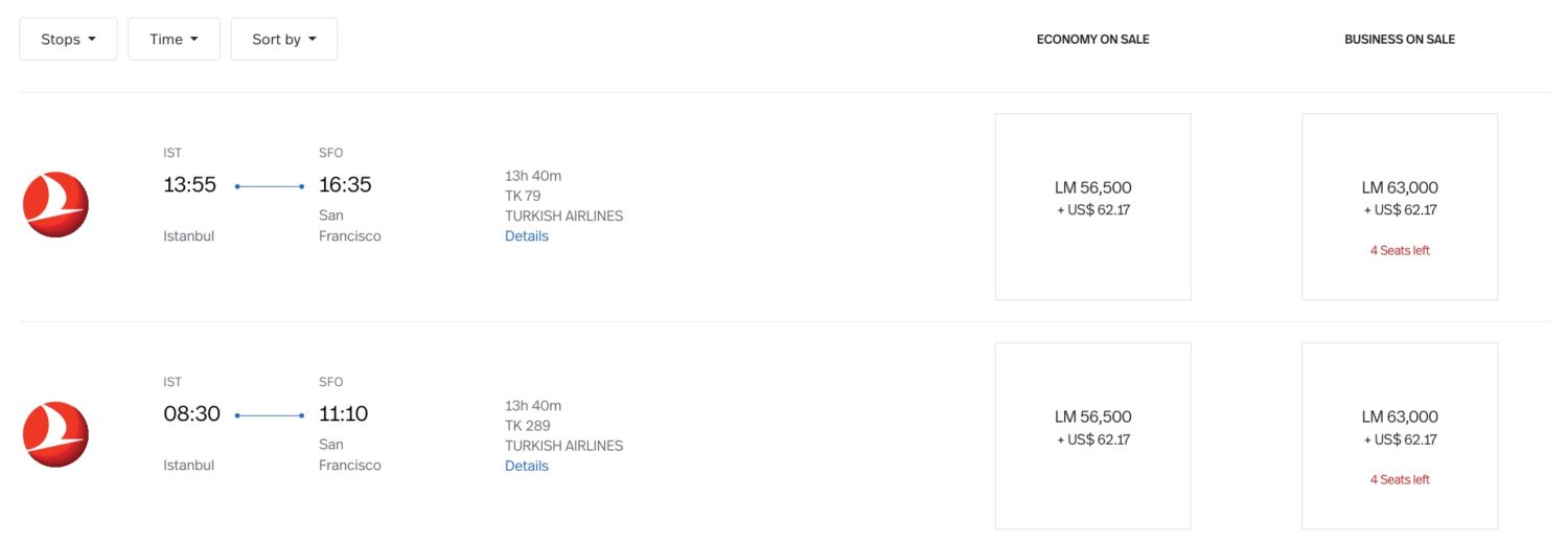 turkish business class lifemiles redemption