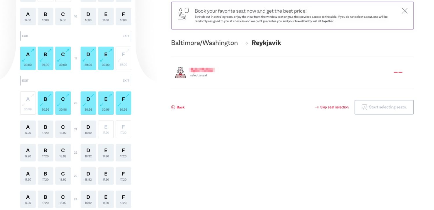 PLAY Airlines seat map showing prices