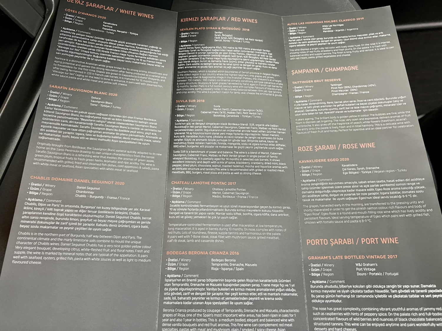 turkish airlines business class wines