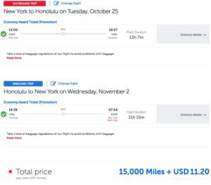 newark to honolulu for 15k Turkish miles roundtrip