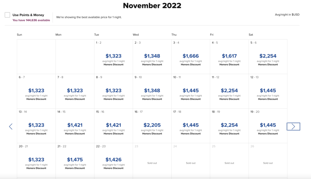 a calendar of nightly rates at a hotel