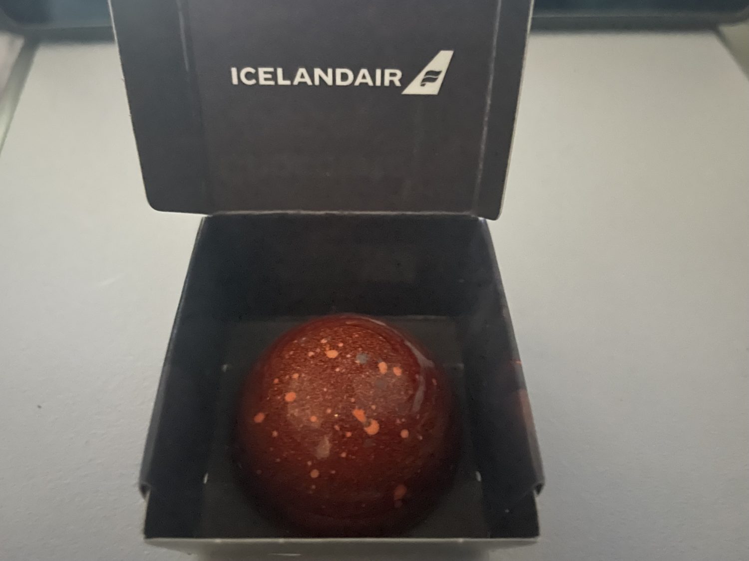 Chili pepper zested chocolate in an Icelandair box. 