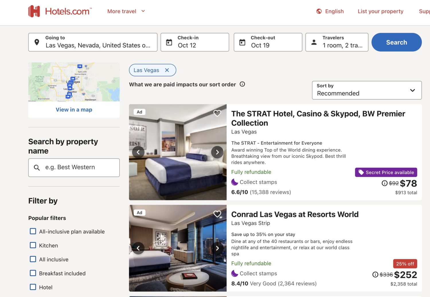 a hotels.com search results for hotels in las vegas for a weeklong stay in october