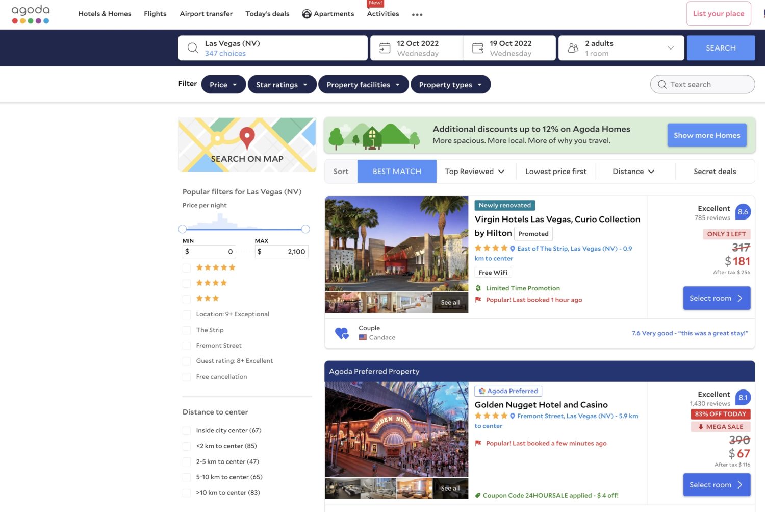 Agoda search results for hotel stays in Las Vegas in October