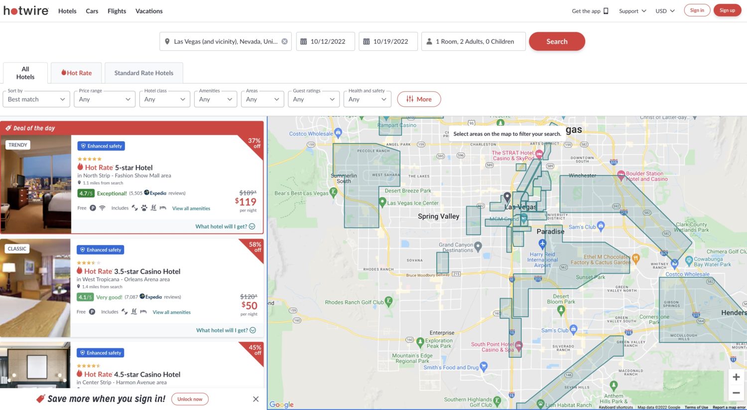 Hotwire search results for a hotel stay in las vegas in October. There is a list of hotels on the left side of the screen and a map of hotel locations on the right. 