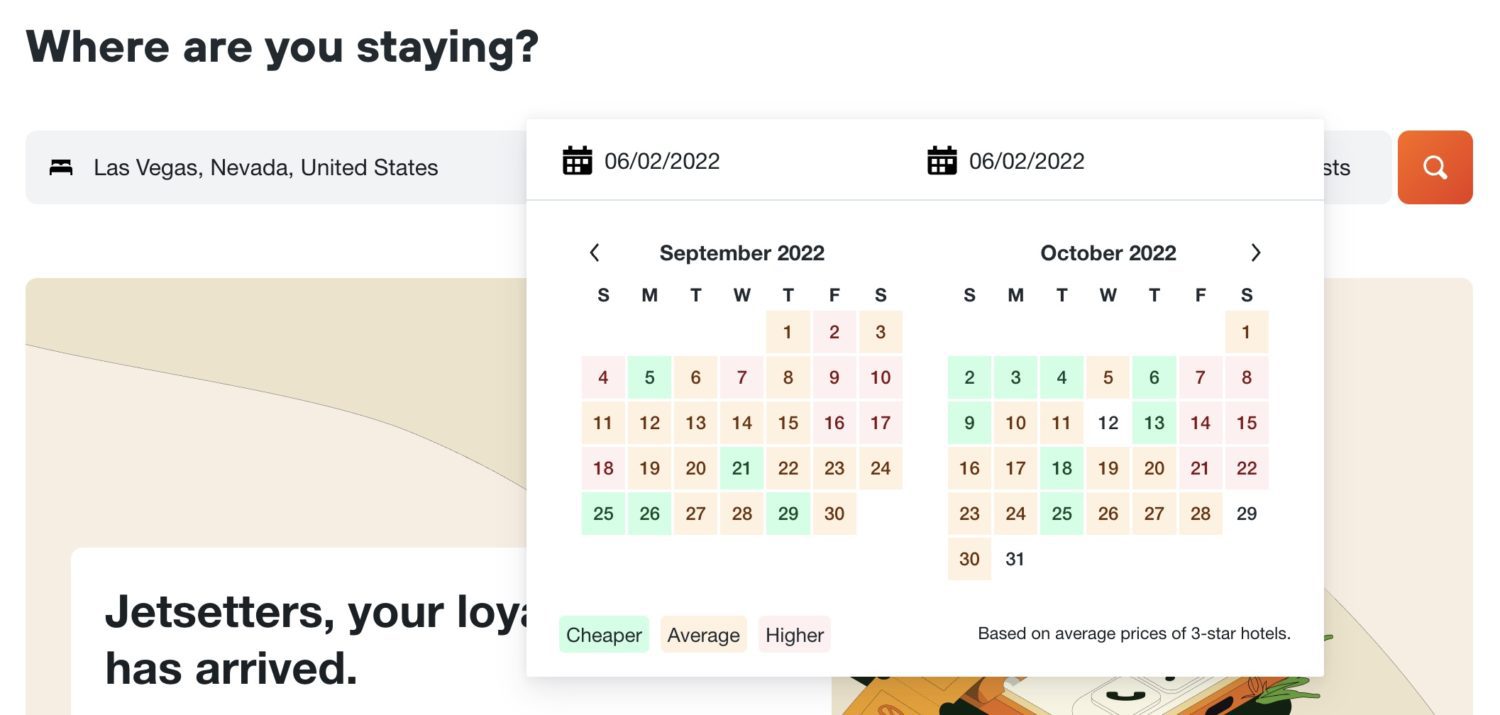 Kayak price calendar with color-coded dates indicated which are cheaper than average, average, and higher than average. 