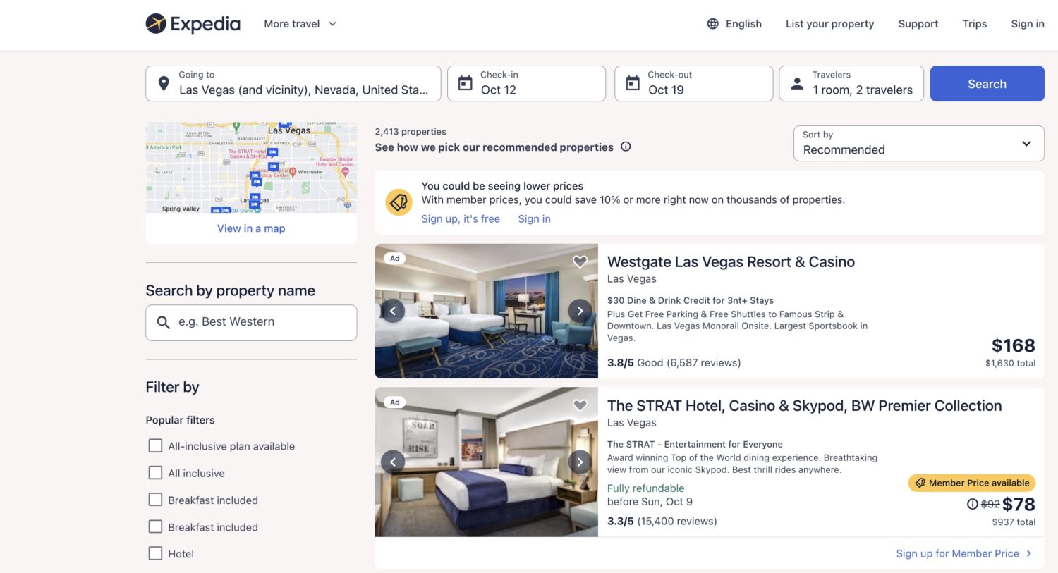 Expedia search results for a weeklong hotel stay in Las Vegas in October