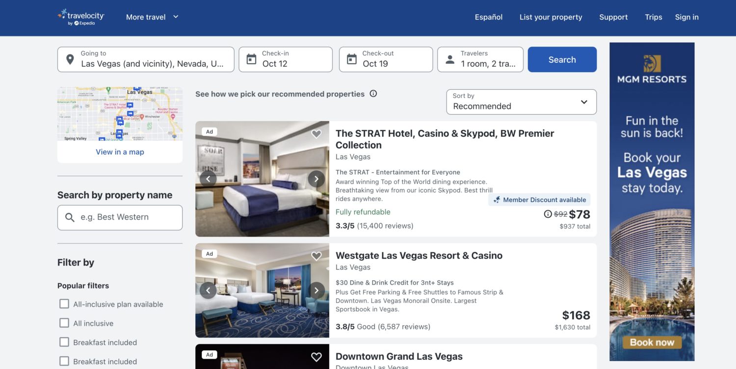 Travelocity search results for a weeklong hotel stay in Las Vegas in October. 