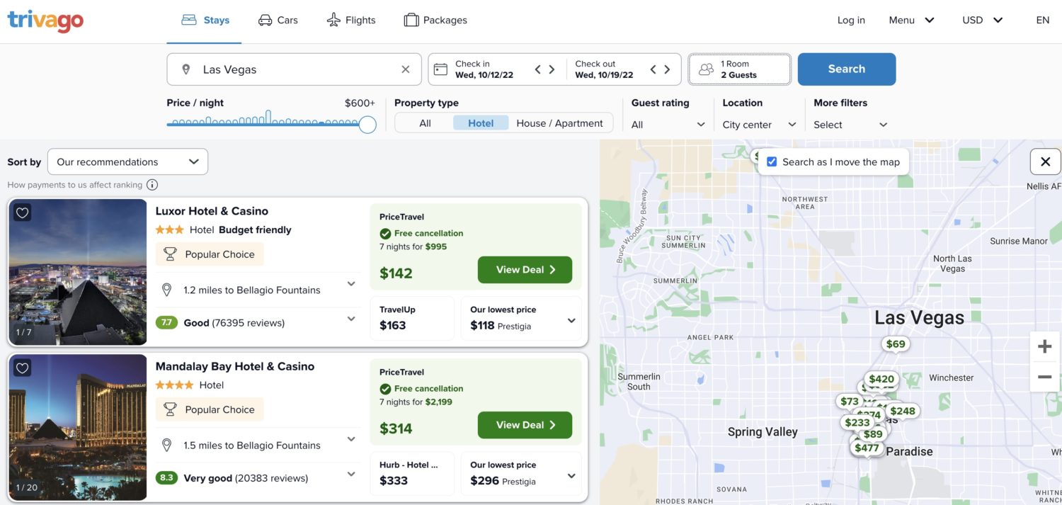 Trivago hotel search for a weeklong stay in Las Vegas in October