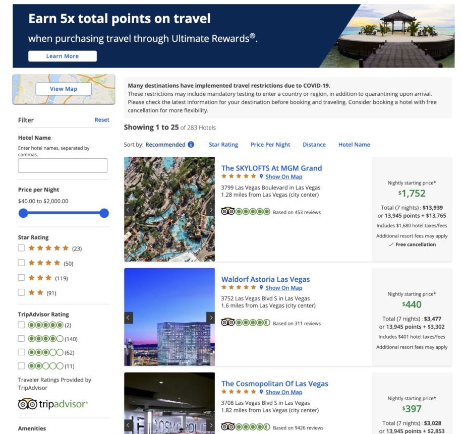 Search results for hotels in Las Vegas in the Chase Travel portal