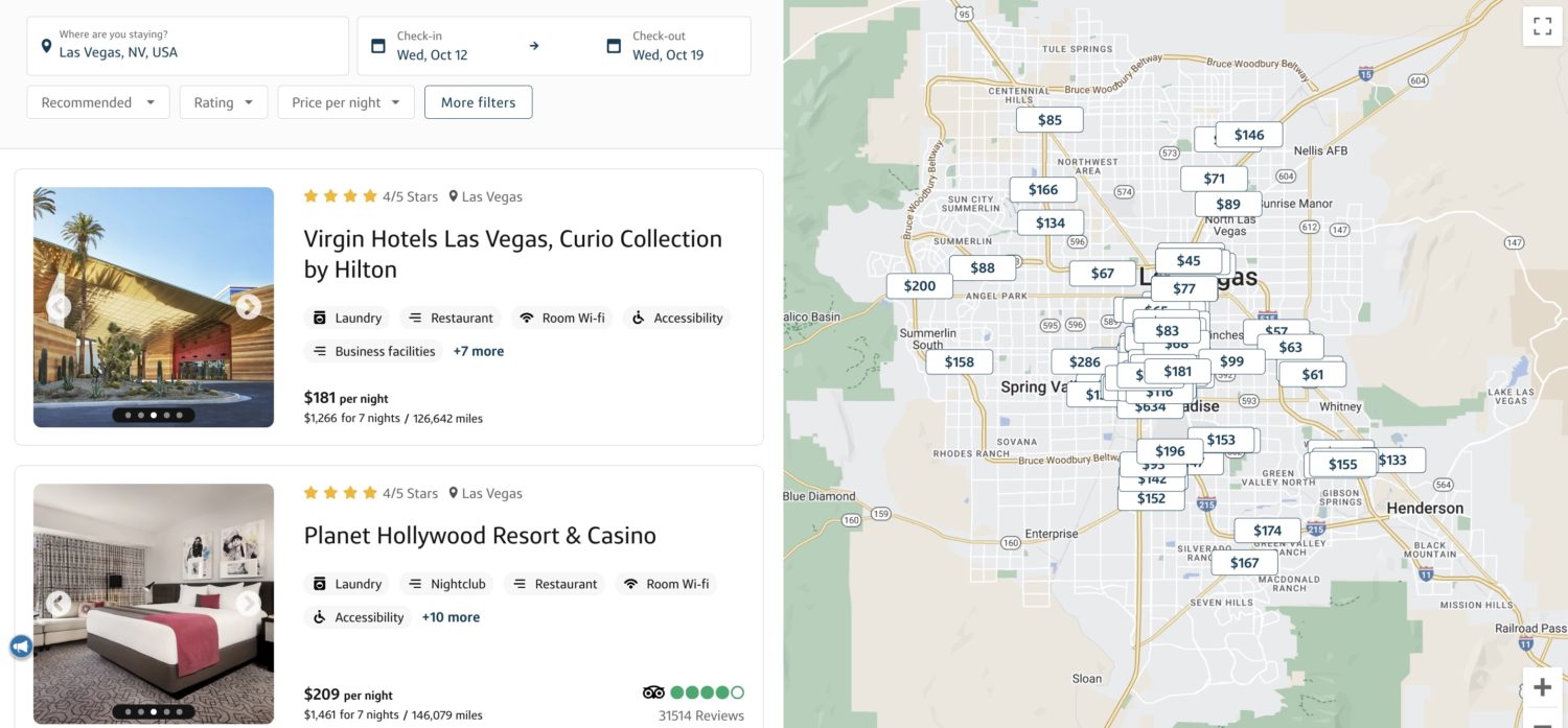 Capital One Travel portal search results for hotels in Las Vegas. On the right is a map of hotel locations and prices and on the left is a list of hotels. 