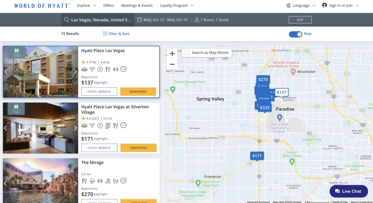 World of Hyatt search results for a weeklong hotel stay in Las Vegas in October 