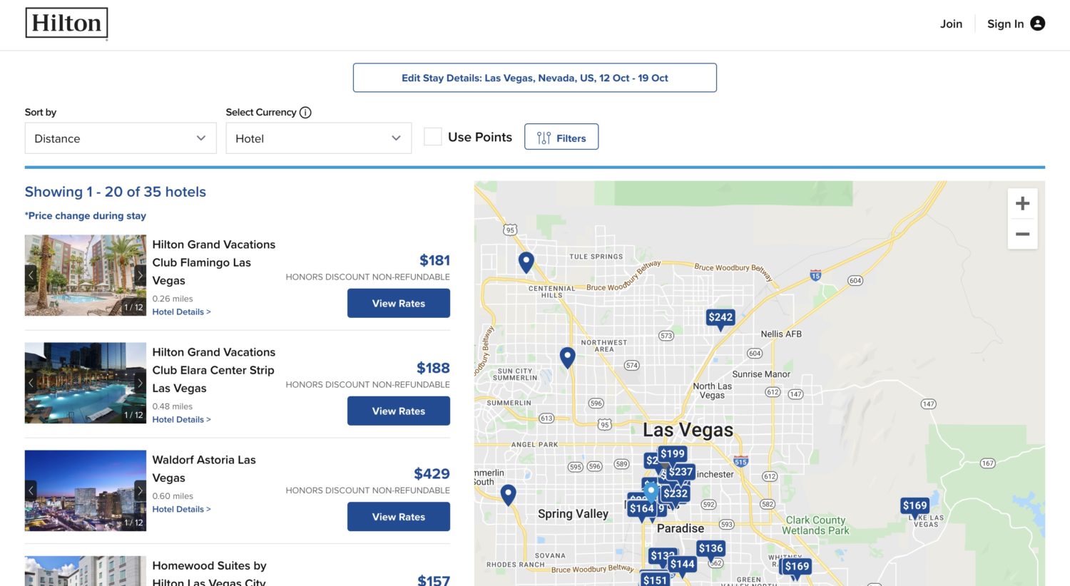 Hilton hotel search for a weeklong hotel stay in Las Vegas in October. On the right is a map of hotel locations, on the left is a list of the hotels and their nightly rates. 