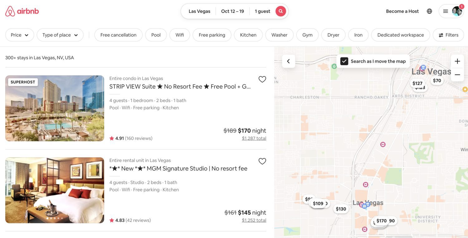 Airbnb search results for hotels in Las Vegas in October