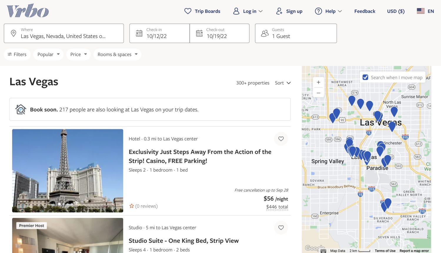 Vrbo search results for rentals in Las Vegas in October