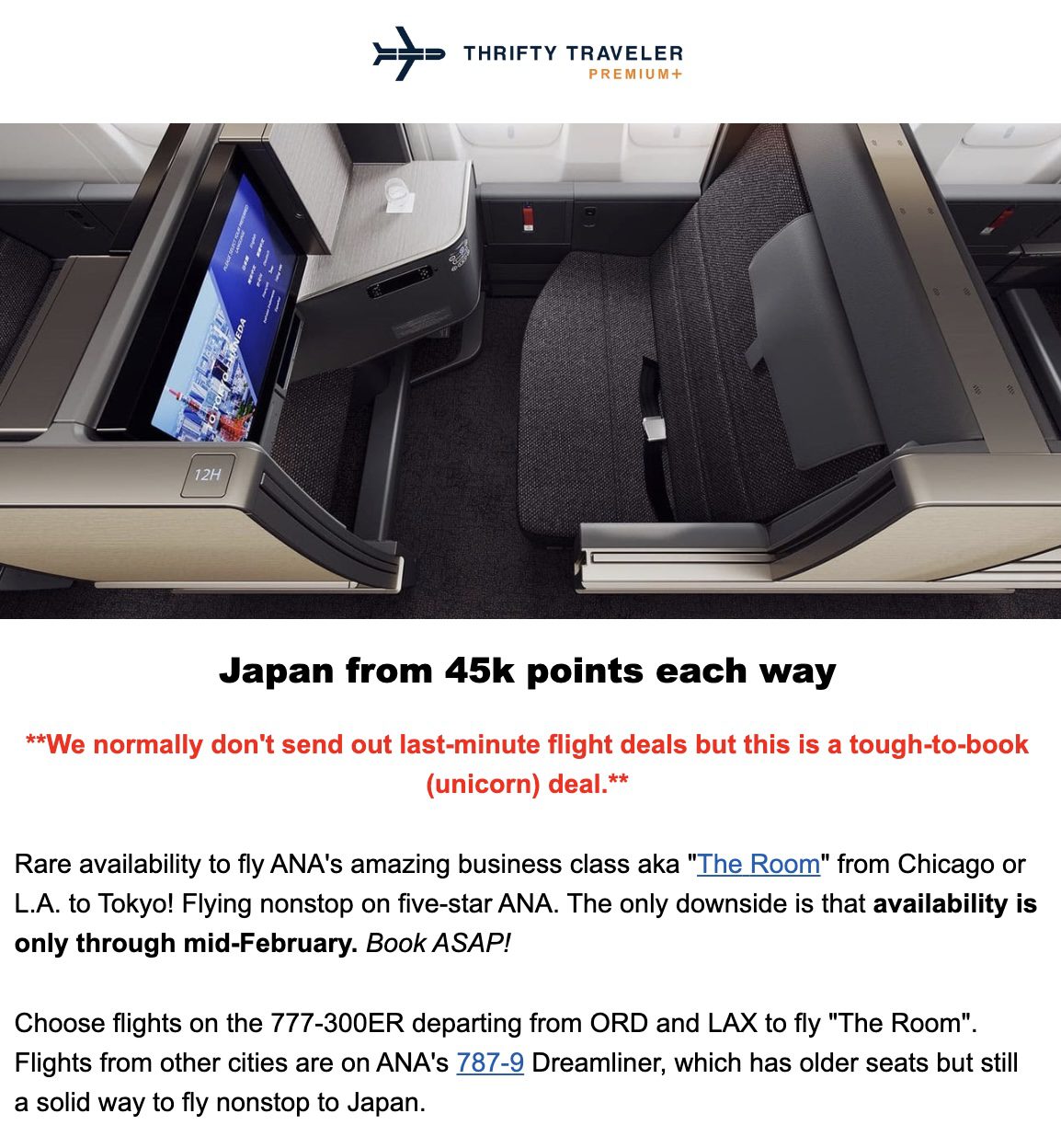 The Room business class flight deal