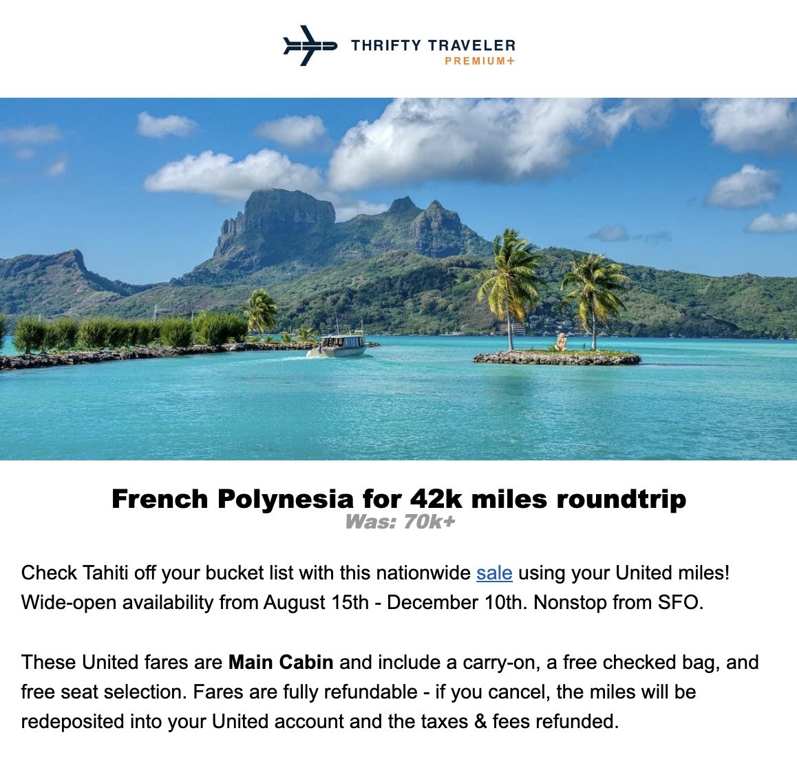 Tahiti United miles flight deal