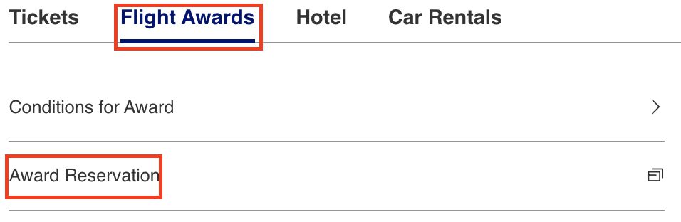 selecting ANA award booking from homepage